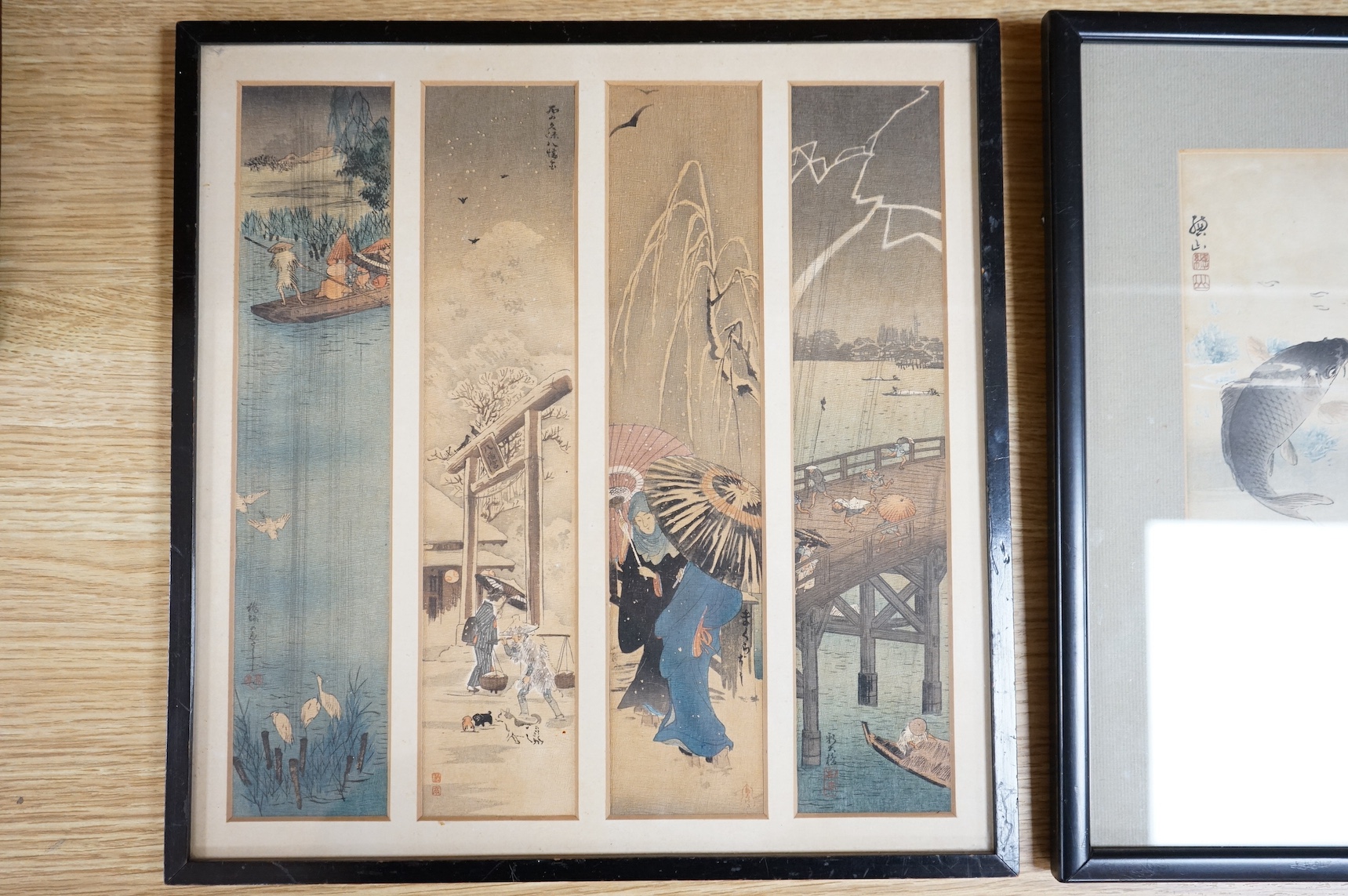 Two Japanese woodblock prints, to include Ito Sozan (1884-1926), Two carp in a river, and one other, largest 23 x 16cm. Condition - fair